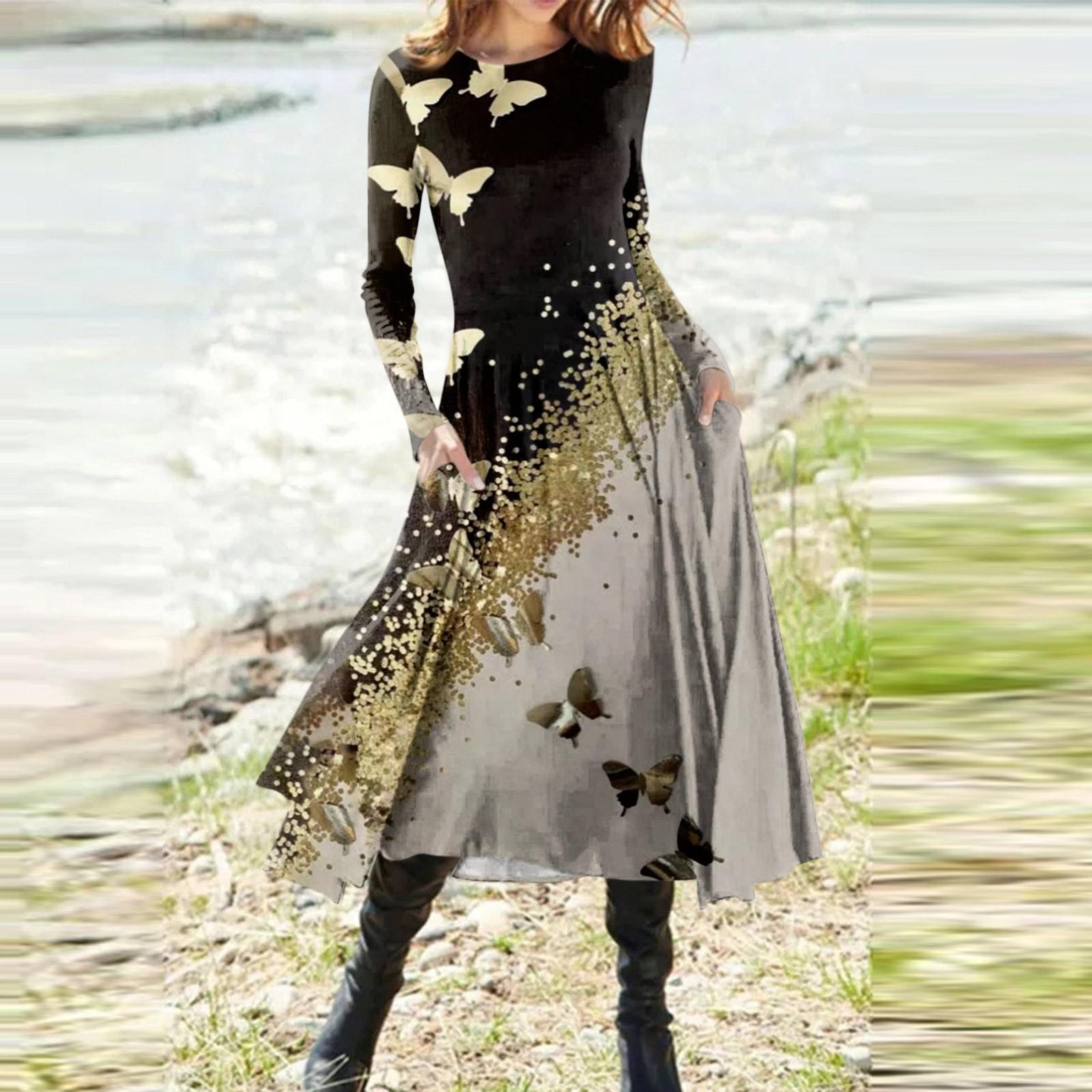 

Женская мода, повседневный рождественский пуловер с круглым вырезом и облегающим платьем с длинным рукавом XL золотой