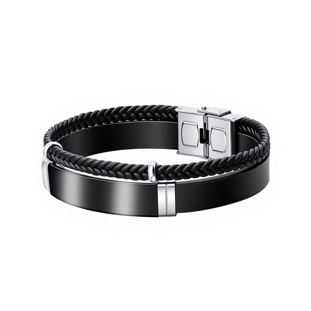 Simple Twisted Braid Leather Bracelet Stainless Steel Chain Engravable Jewelry