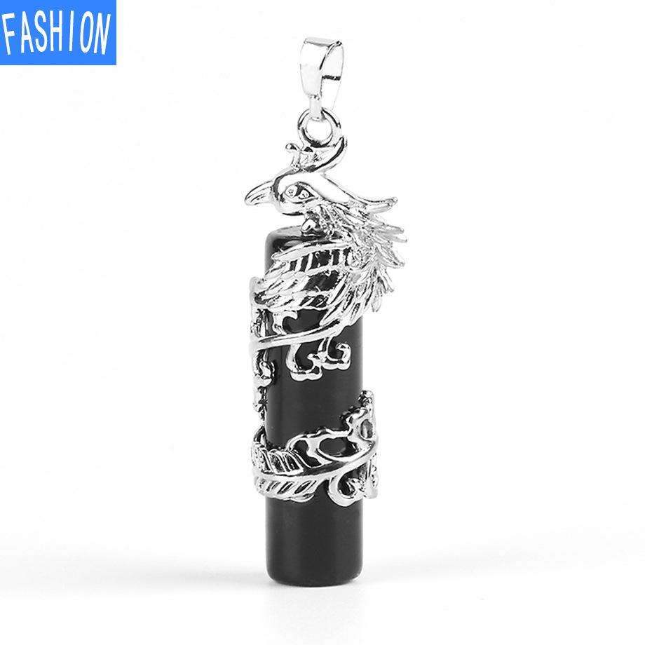 Creative Mascot Wrapped Natural Stone Cylindrical Pendant And Pink Crystal Necklace