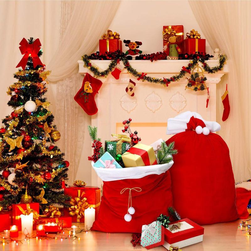 Large Festive Christmas Santa Gift Bag Rope Pocket Design Reusable Sack for Kids Holiday Present Storage