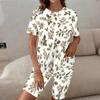Women Plus Size Round Neck Short Sleeve White Floral Printed Two Piece Shorts Set