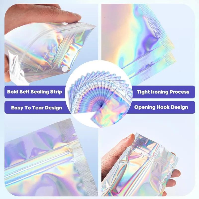 60-10PCS Laser Sealing Bags Plastic Holographic Candy Food Packaging Pouches Resealable Jewelry Necklace Storage Organizer Bag