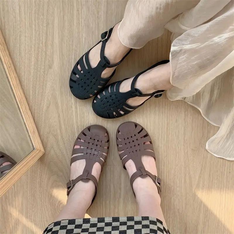 Green Fashion Casual Anti-Slip Flat Bottom Jelly Shoes Women Summer Student Retro Fairy Style Hollow Woven