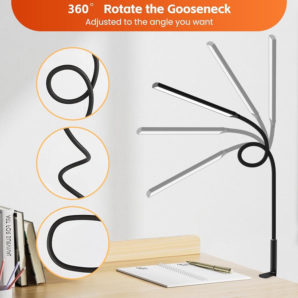 LED Desk Lamp with Clamp Eye Caring Clip Light for Home Office 3 Colors Stepless Dimming Flexible Gooseneck Table Lamp for Read