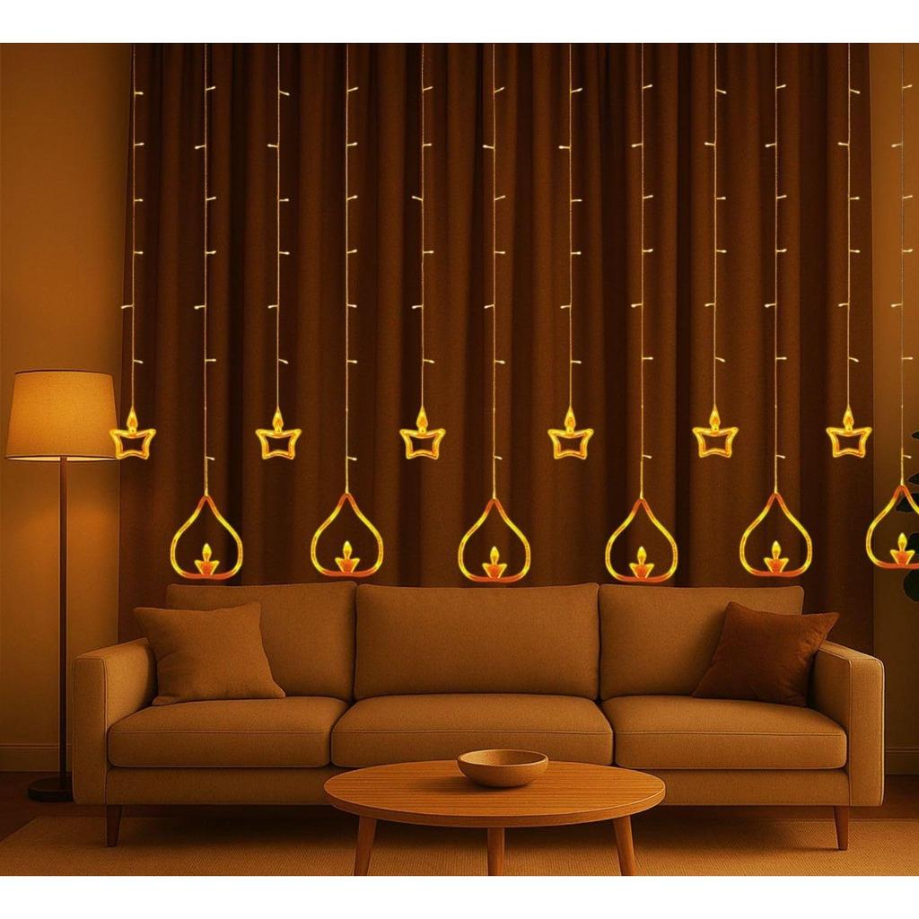 Diya Lights Diwali String Curtain Lights – Warm White Indoor & Outdoor Lights for Home, Wall, Window, Indian Wedding, Garden, Bedroom, Christmas
