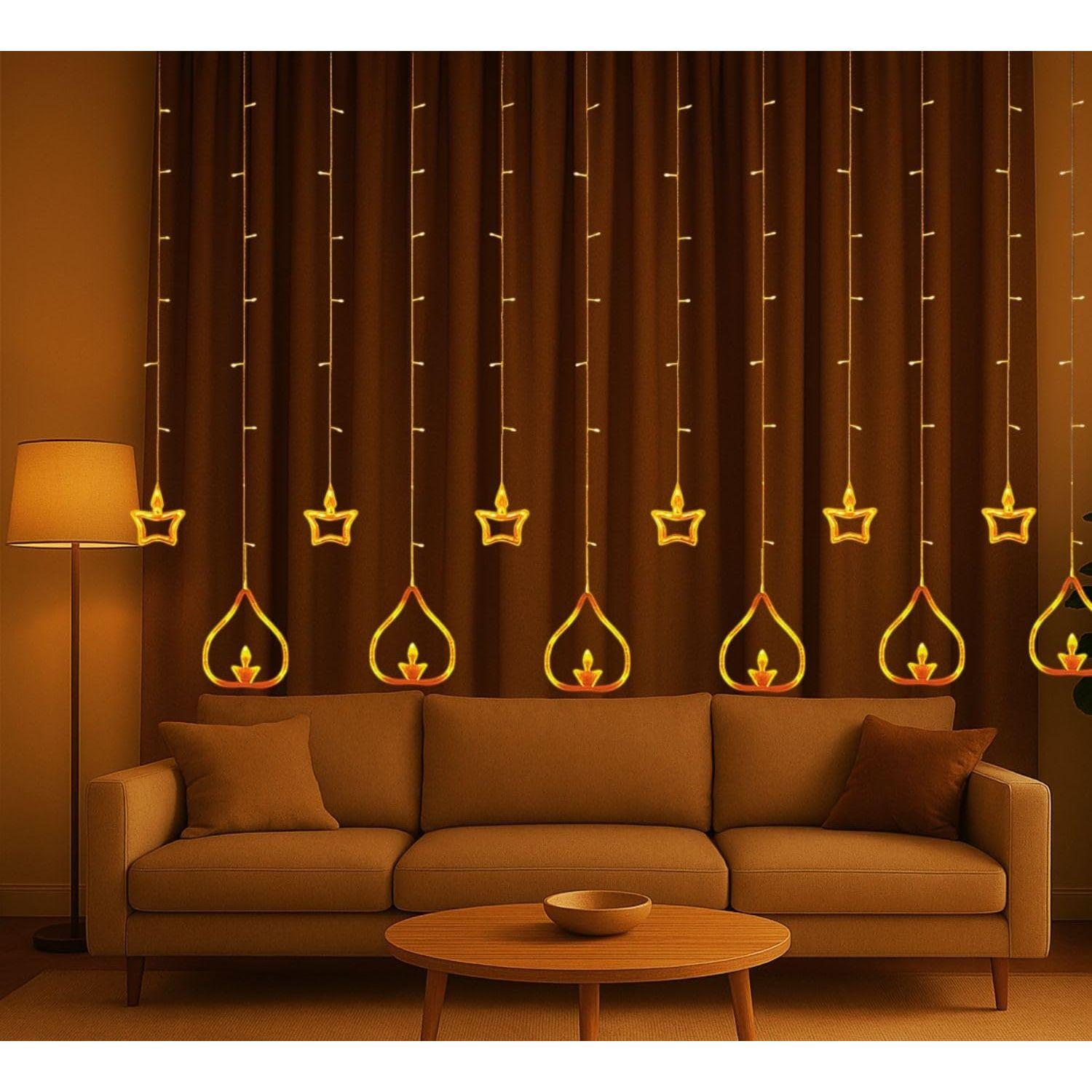 

Diya Lights Diwali String Curtain Lights – Warm White Indoor & Outdoor Lights for Home, Wall, Window, Indian Wedding, Garden, Bedroom, Christmas