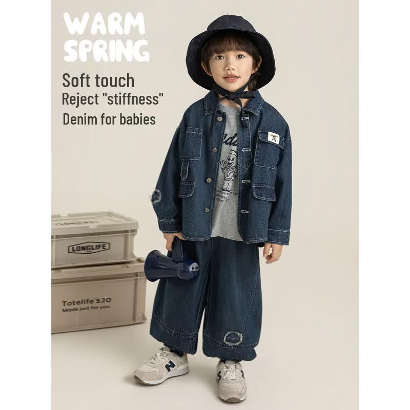 Boys' 3-Piece Spring Outfit: T-Shirt, Carrot Pants & Denim Jacket