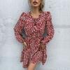 Temperament and Elegance Outer Wear Vintage Women's Printed Short Dress Round Neck Long Sleeve Red Dresses