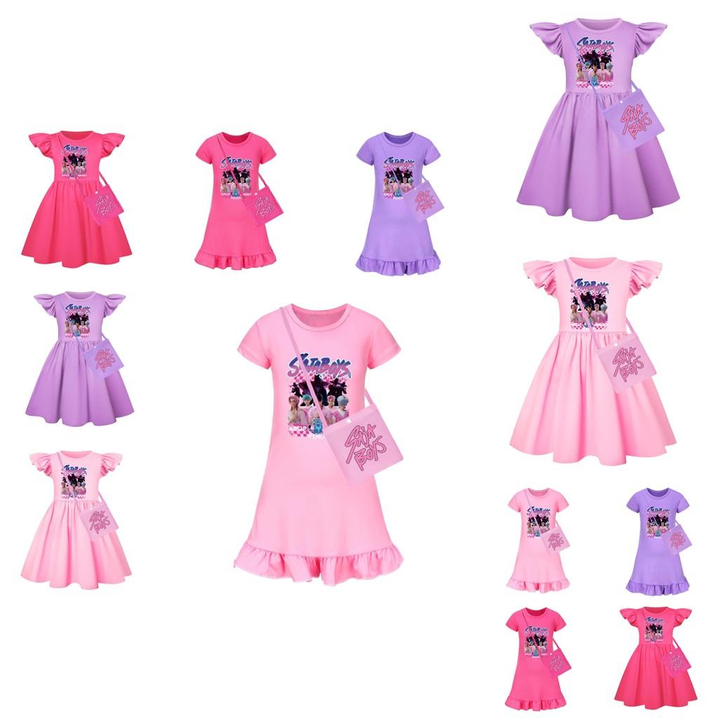 Kpop Demon Hunters Girl Short Sleeve Sleep Dress With Ruffle Hem For Kids Bedroom Wear