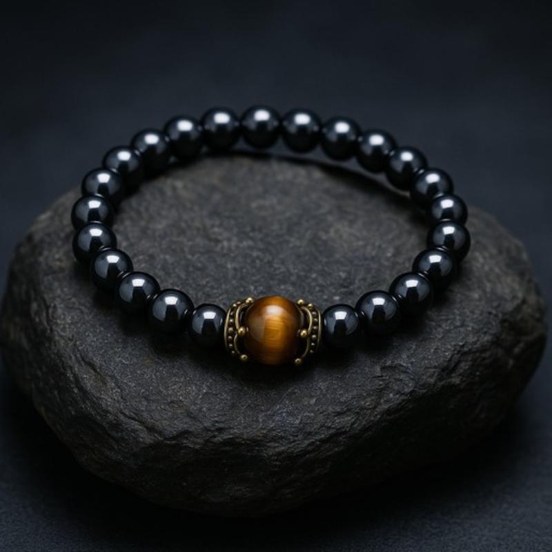 Men'S Stylish Natural Stone Bracelet Vintage Crown Symbol Of Power Hematite Beads Gift For Friends Natural Tiger Eye Beads