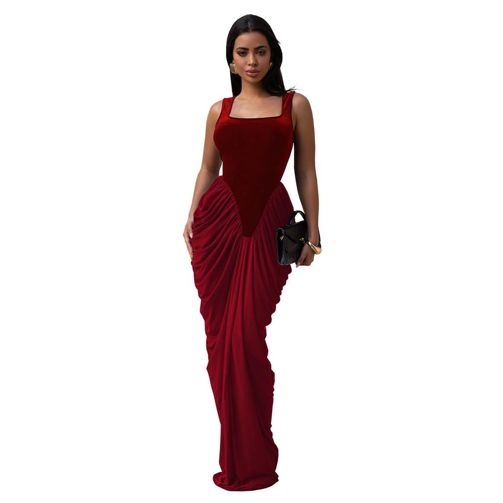 Women Square Neck Sleeveless Draped Maxi Dress Solid Color Elegant Evening Formal Dress