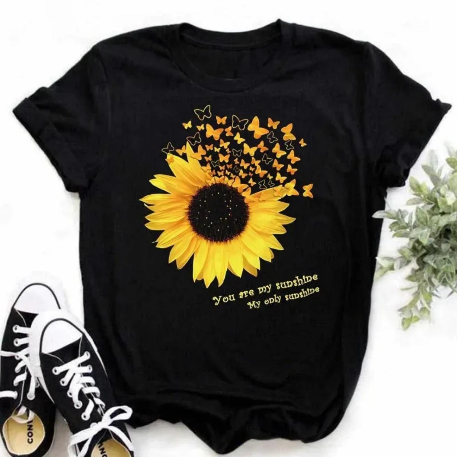 

1Pcs Women Sunflower Butterfly Print T Shirt Graphic Casual Short Sleeved Black Female Tee Round-neck Girl Cute Fashion T-shirt XXXXXL чорний