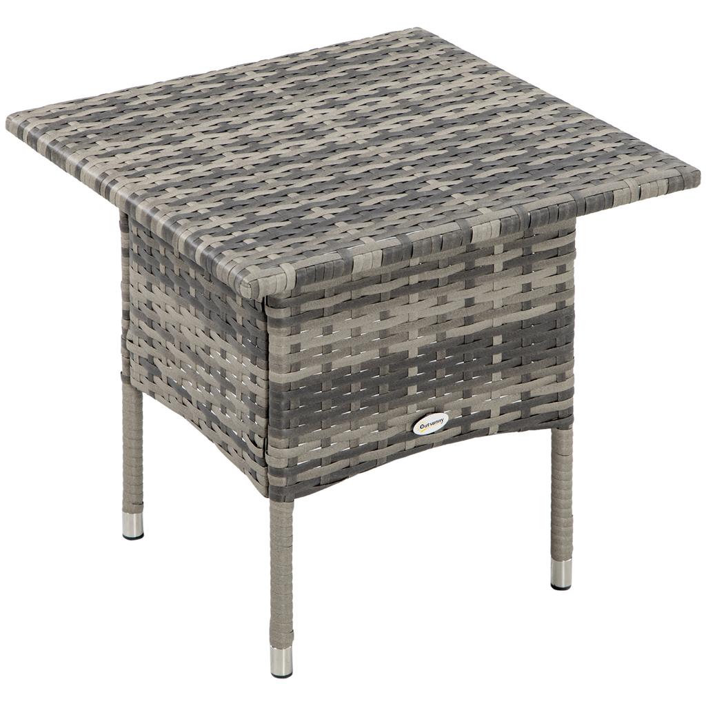 Rattan Side Table, Outdoor Coffee Table with Plastic Board Under the Full Woven Table Top for Patio, Garden, Balcony, Mixed Grey