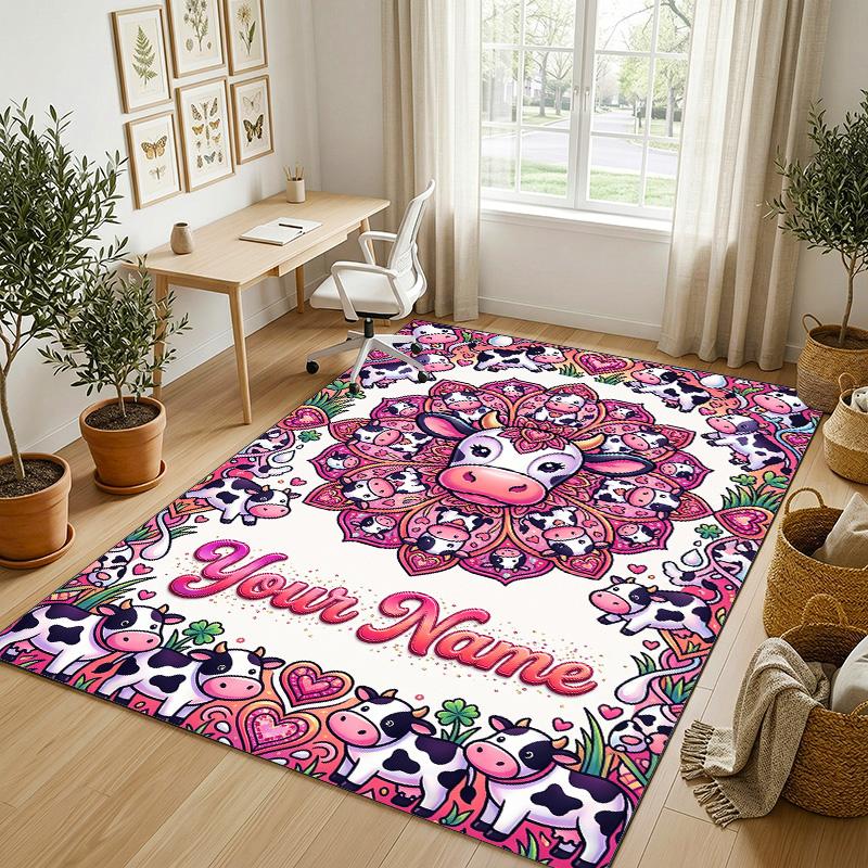 Cow Highland Theme Crystal Velvet Rug Personalized Custom Name Text Soft Floor Mat Home Decor