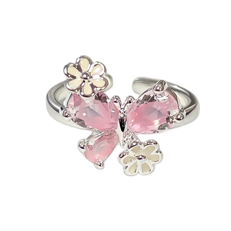 Japanese Cherry Blossom Pink Diamond Ring - Elegant & Trendy Butterfly Design for Women, Versatile Fashion Accessory