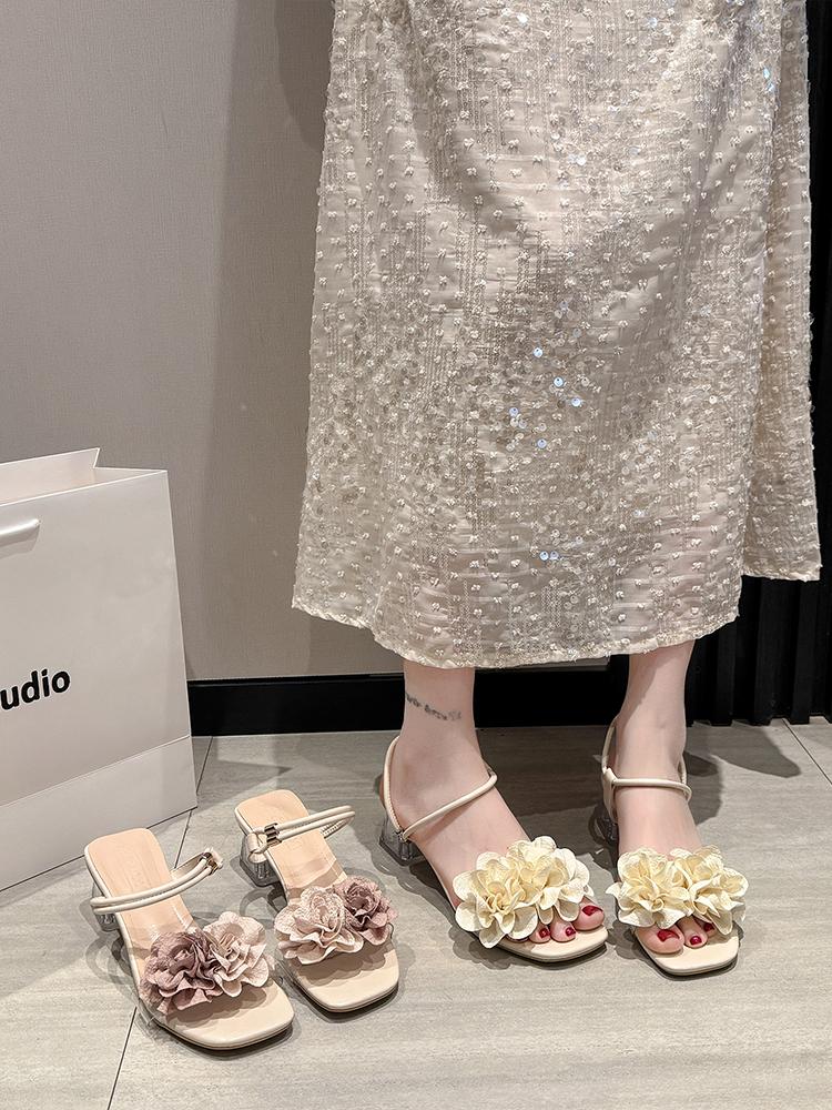 Fashion Glitter Slides Slippers Casual Summer Women's Shoes Heeled Mules Flower Pantofle Square Heel Jelly Luxury High 2025 Block Floral