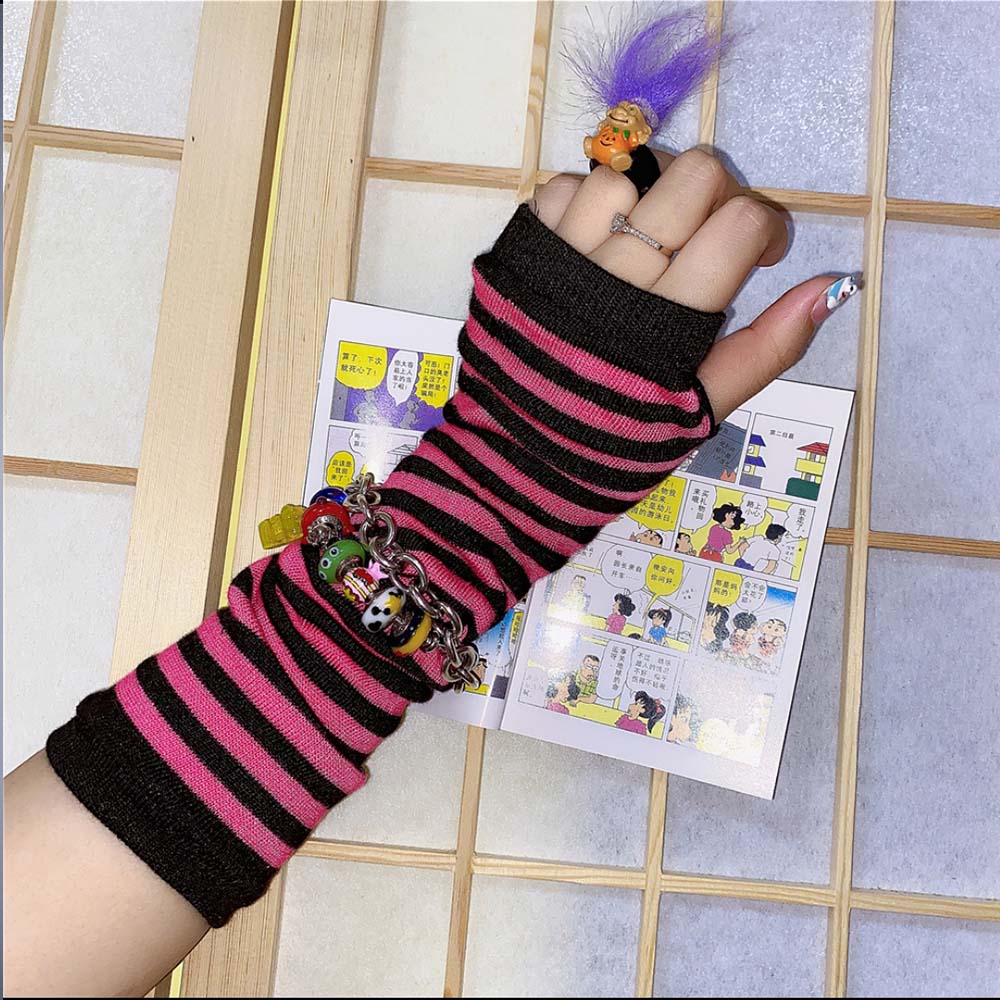 Y2K Lolita Damen Mädchen Gestreifte Handschuhe Wärmende Strick Lange Gestreifte Fingerlose JK Handschuhe Ellbogenfäustlinge Party Lolita Accessoires