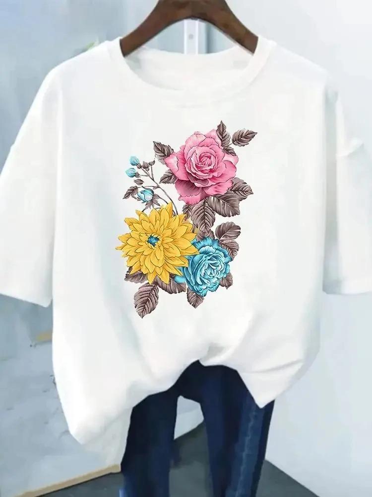 Womens Gorgeous Colorful Flower Cluster Short Sleeve TShirt Retro Floral Combination Print Top Daily Loose Crew Neck Shirt