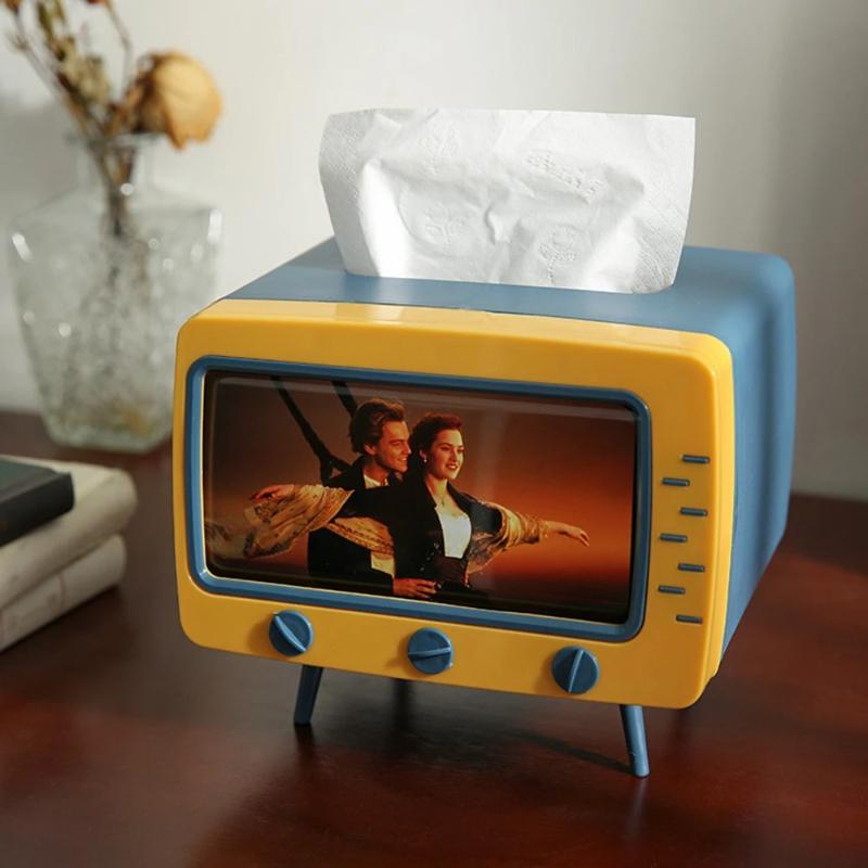 New TV Tissue Box Fun Cute Multi Functional Square Tissue Box Smartphone Phone Holder for Living Room Night Stand Creative Gift