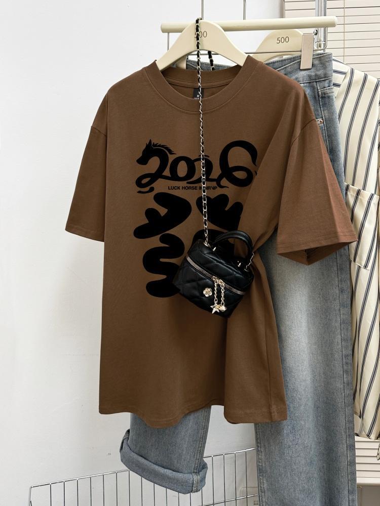 Unisex Wine Red Cotton Print Short-Sleeve T-Shirt, 2026 New Year Loose Fit, Plus Size, Round Neck, Trendy Style