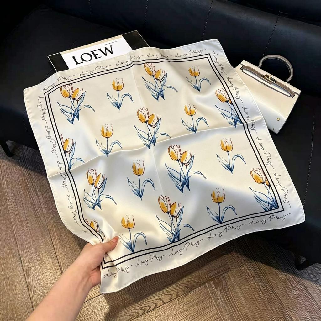71Cm New Chinese Simulation Silk Square Scarf Soft and Skin-friendly Ink Flower Rhyme Printing Silk Scarf Neck Sunscreen Small Scarf