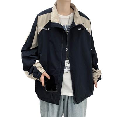 Men Jacket Coat with Zipper Turn-down Collar Splicing Color Long Sleeves Windbreaker Coat Streetwear for Men