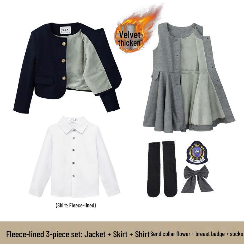 Children's Academy Style Formal White Shirt & Navy Jacket Suit Set for Elementary School Girls