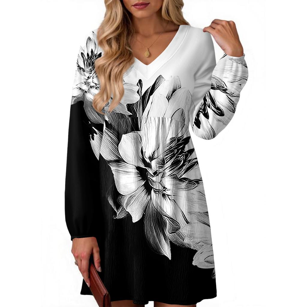Women's Fashion Floral Print V-Neck Long Sleeve Dress