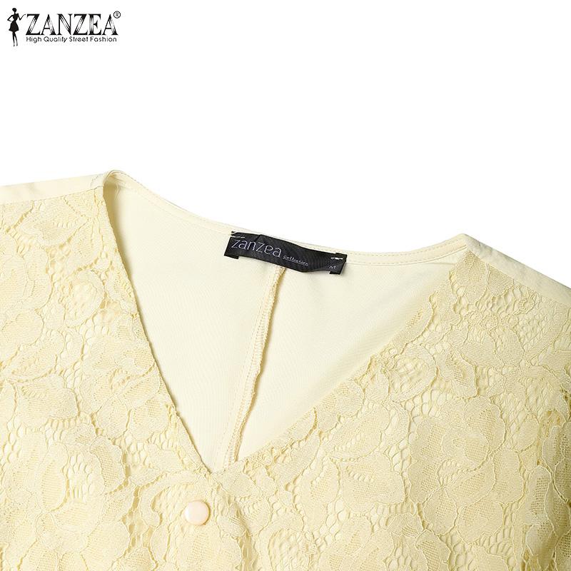 ZANZEA Damen Lässig V-Ausschnitt Kurzarm Elegantes Patchwork Spitzenkleid