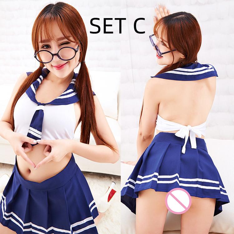 Women Sexy Cosplay Lingerie Student Uniform Set Ladies Sexy Costume Babydoll Dress Women Open Crotch Bodysuit Miniskirt Outfit