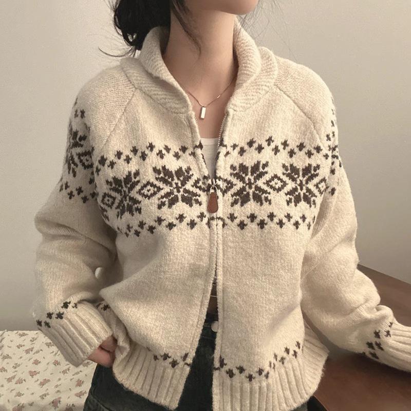 Korean Chic Retro Color Block Knit Sweater Coat for Women