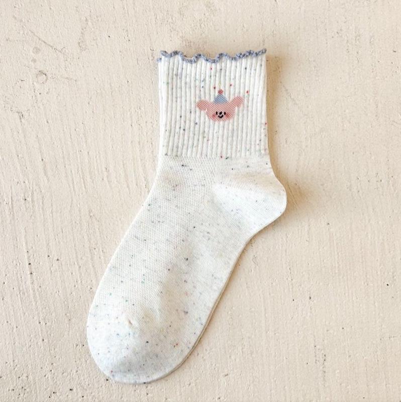 Polka Dot Panda Embroidery Cotton Mid-Calf Socks - Cute Japanese Style for Spring and Autumn