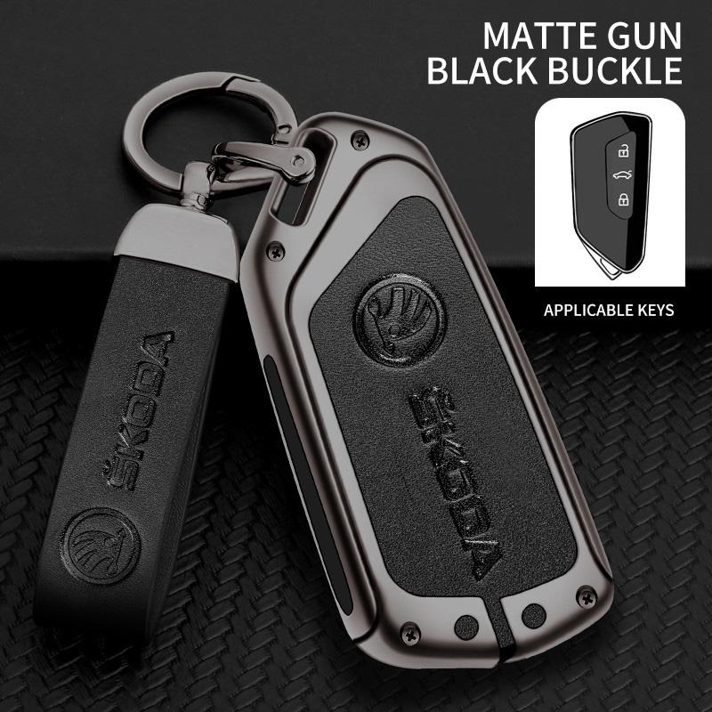 AAAAC1 Zinc Alloy Car Smart Remote Key Fob Leather Case Cover Protector Shell For Skoda Octavia 4 8 A8 2020 2021 Keychain Accessories