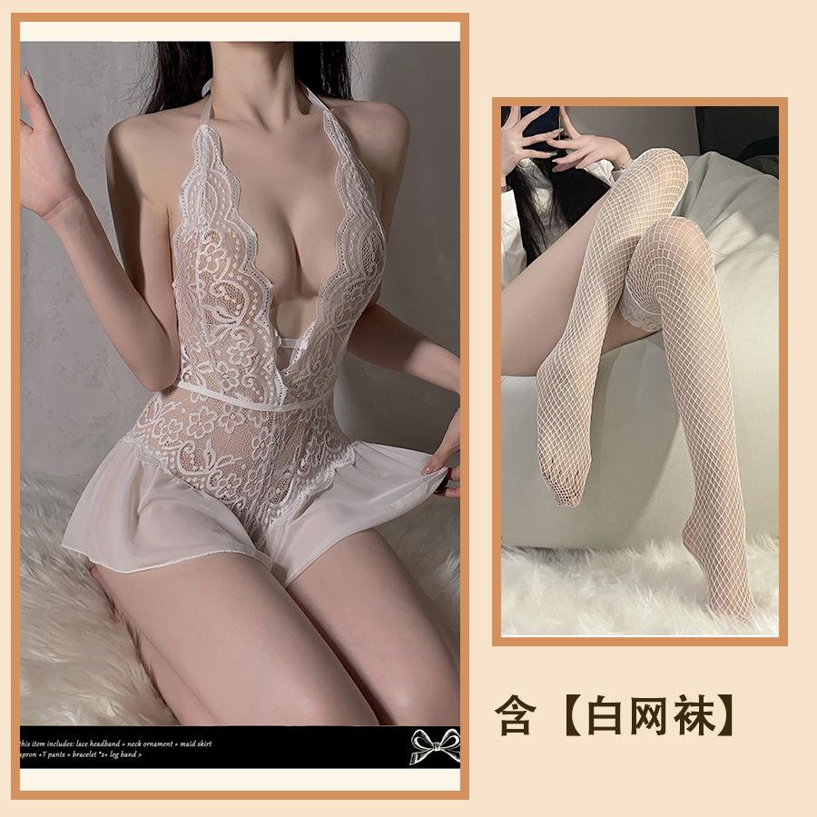 Sexy Lingerie Sexy Lace Uniform Temptation Hollow Open Onesie Women's Hot Pure Desire Pajama Set