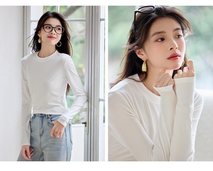 Women's Heavyweight Lyocell Long Sleeve Round Neck T-shirt with Plus Velvet Inner Layer - Slim Fit, Thickened for Autumn/Winter