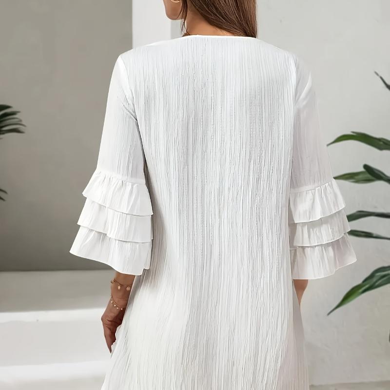 Women's Casual Floral Embroidered Round Neck Dress with Lace Trim Hem & Ruffled Short Sleeves Floral Print Dress