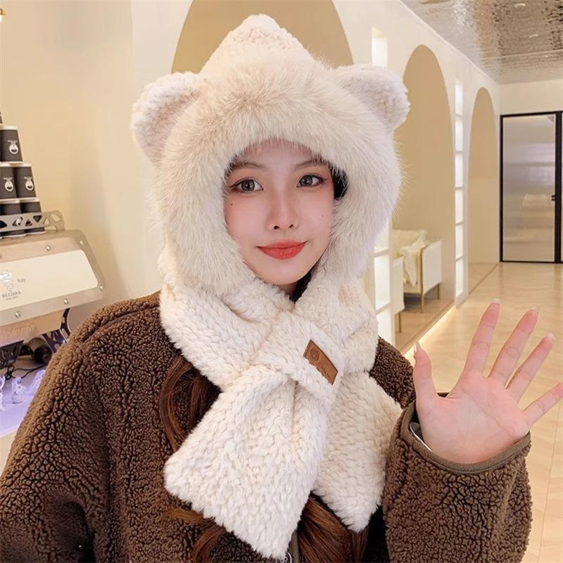 Women's Winter Windproof Thickened Warm Plush Hat Ear Bike Hat Hat Scarf One Piece Set