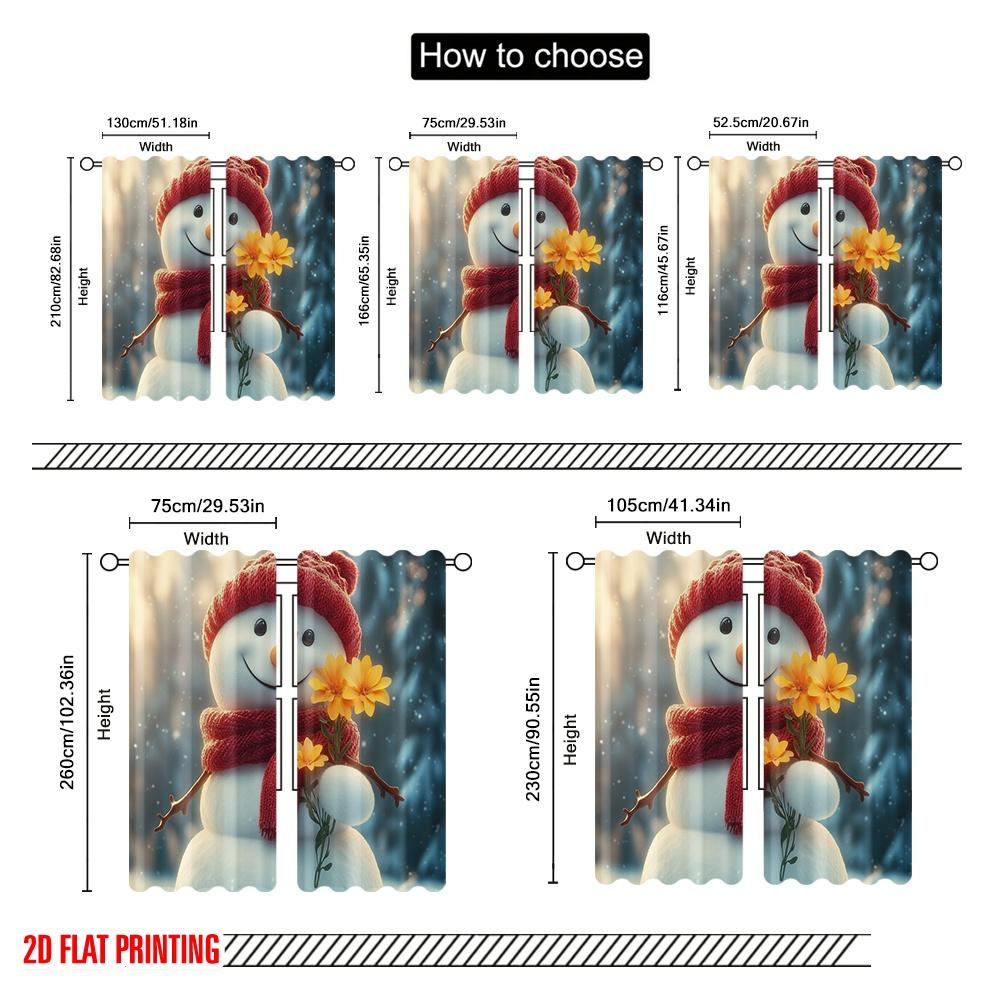 2pcs,2D Plane Printing Popular Curtains Cute Snowman Winter Flowers (2) Durable 100% Polyester Fabric (without Rod) Decorations