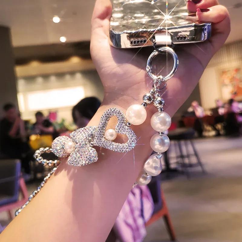 Full Diamond Love Butterfly Knot Bracelet Mobile Phone Lanyard Handmade Beaded Chain Sparkling Diamond Transparent Wrist Strap