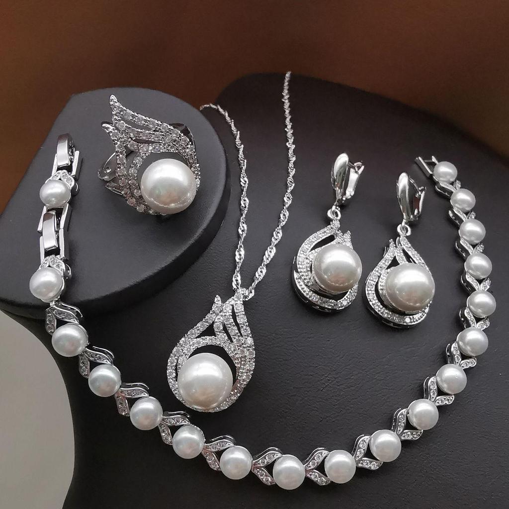 European & American Luxury Zircon Pearl Jewelry Set: Necklace, Earrings, Ring