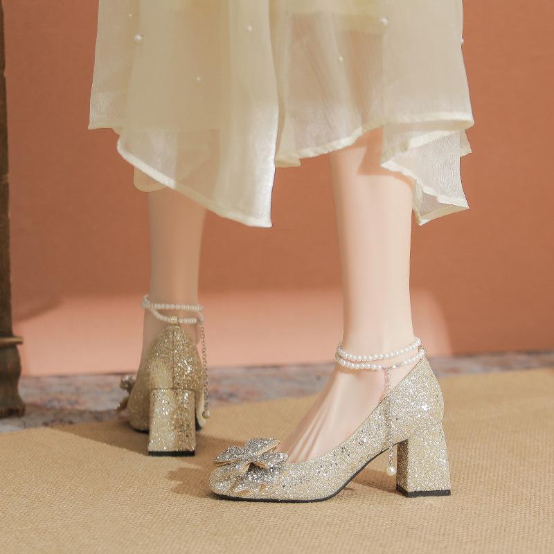 Silver Fairy Shoes Gentle Single Shoes Rhinestone Bow Word with Wedding Shoes Two Wear Thick Heels High Heels Women