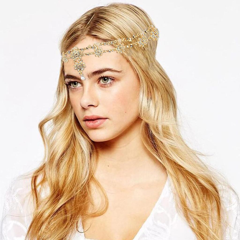Theshai Gold Head Chain for Women Jewelry Headband Crystal Bohemian, Hair Accessories with Peal Women Head Chains Tassel Forehead Chain Festival Prom