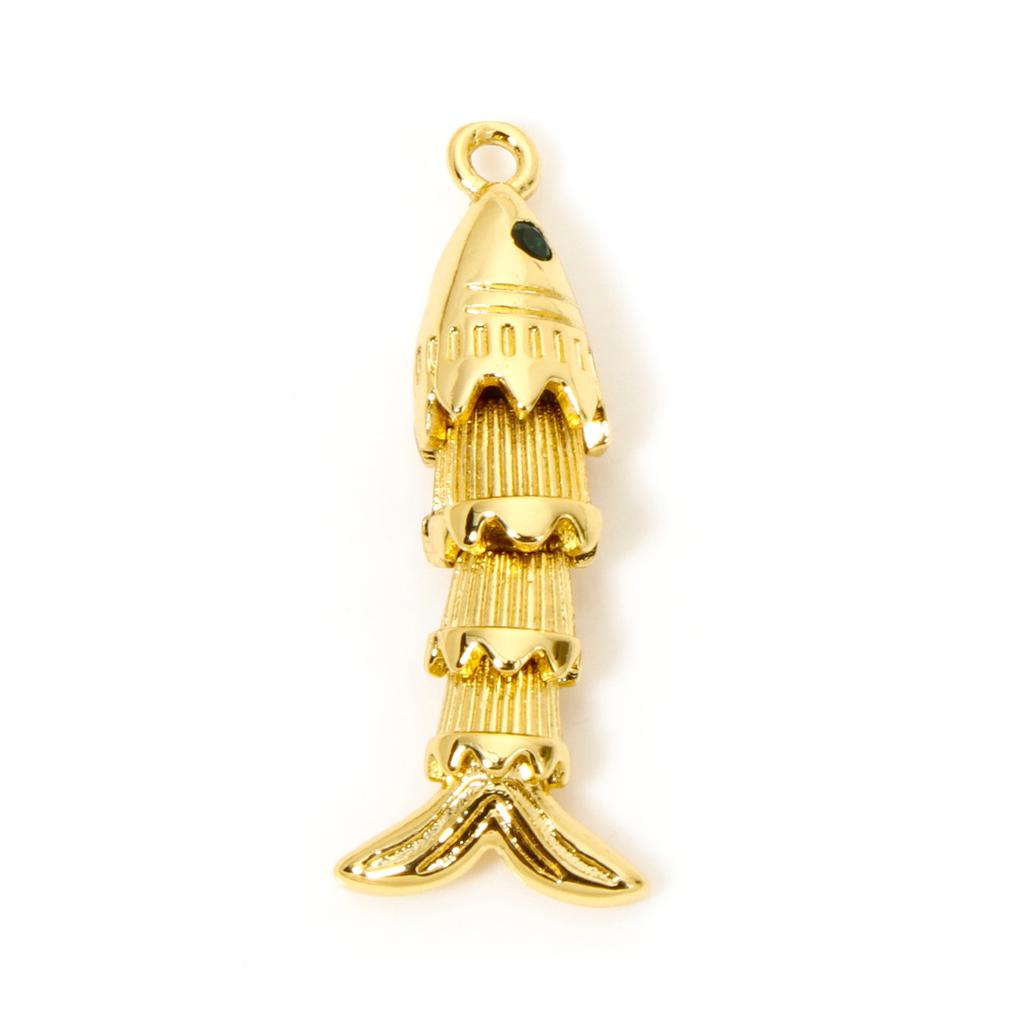 1 Piece Brass Ocean Jewelry Pendants Gold Color Fish Animal Movable Green Cubic Zirconia Eyes For DIY Jewelry Making Necklace