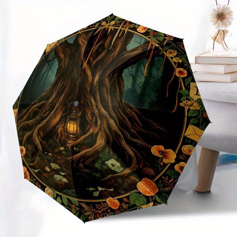Enchanted Forest Tree with Lantern Wall Art Print Umbrella, Portable 3-Fold Compact Umbrella for Men & Women R138