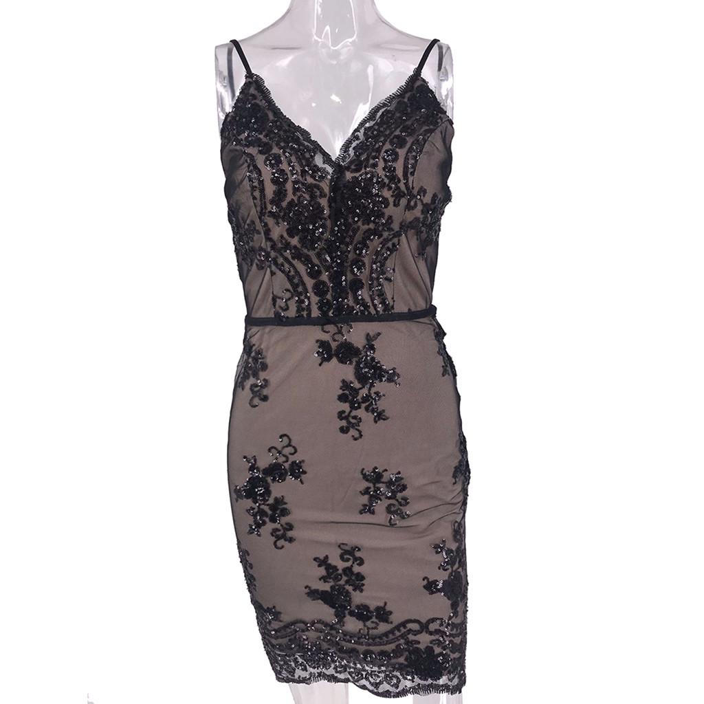 Sexy Women Sequin Lace Camisole Backless Party Flapper Cocktail Prom Dress