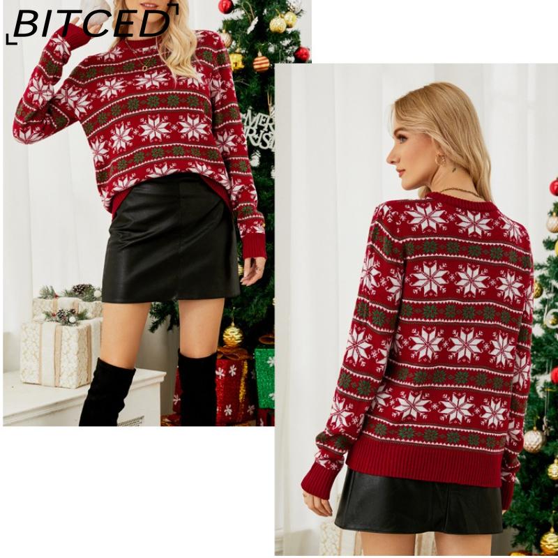 BITCED O-Neck Christmas Red Knit Sweater Christmas Outfit Long-Sleeve Snowflake Patterned Sweater
