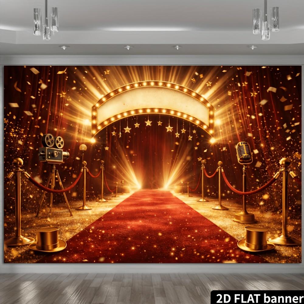 2D Flat Banner - Hollywood Red Carpet Party Background Fabric, featuring golden film cameras and microphones elements.zyc