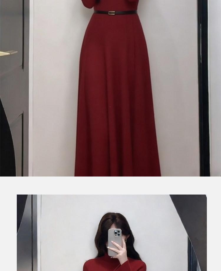 Women's Long Red Knit Dress with Coat Layer, Slim Fit, Pear Shape - Perfect for Autumn and Winter