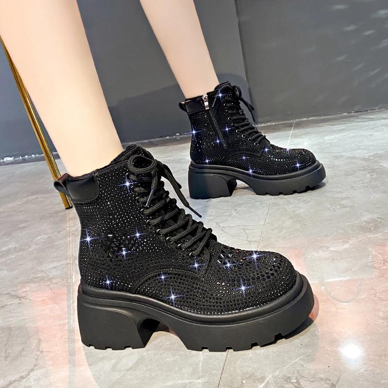 Sequin Diamond Short Boots Women  Autumn Winter Luxury Fashion High Top Thick Heel Lace Up Boots Outdoor Party Casual Shoes