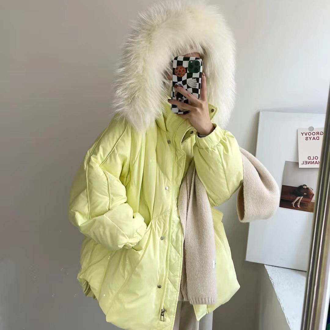 

Женский пуховик, свободный большой меховой воротник с капюшоном, теплое белое пальто на утином пуху, парка